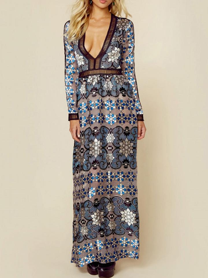 Choies Blue Plunge V-neck Geo-tribal Long Sleeve Maxi Dress
