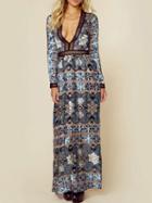 Choies Blue Plunge V-neck Geo-tribal Long Sleeve Maxi Dress