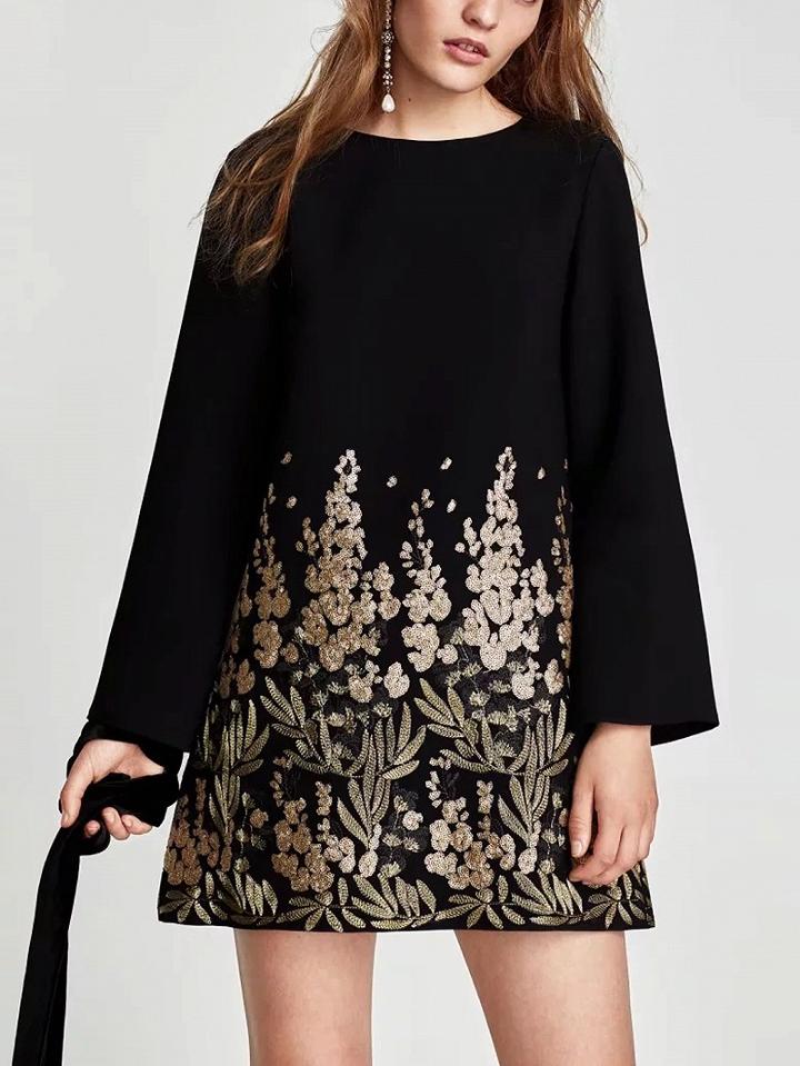 Choies Black Sequin Embroidery Floral Long Sleeve Mini Dress