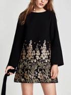 Choies Black Sequin Embroidery Floral Long Sleeve Mini Dress