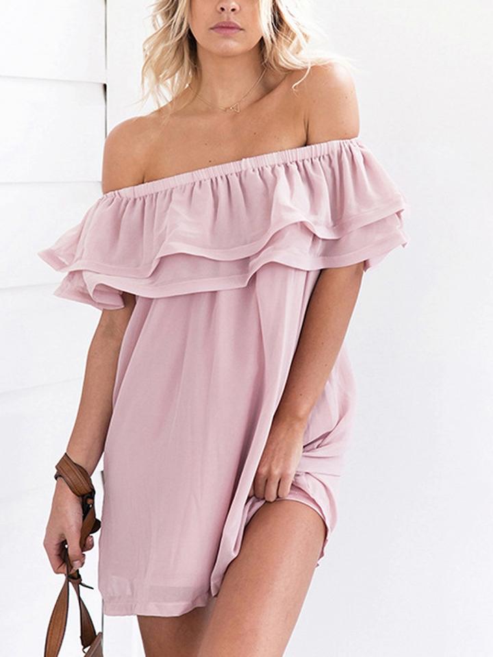 Choies Pink Chiffon Off Shoulder Ruffle Trim Chic Women Mini Dress