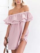 Choies Pink Chiffon Off Shoulder Ruffle Trim Chic Women Mini Dress