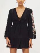 Choies Black V-neck Floral Embroidery Long Sleeve Mini Dress