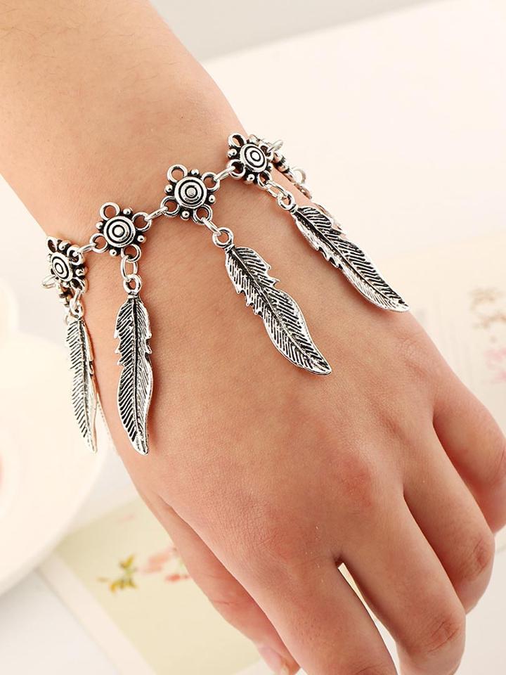 Choies Silver Floral Leaf Tasseled Bracelet
