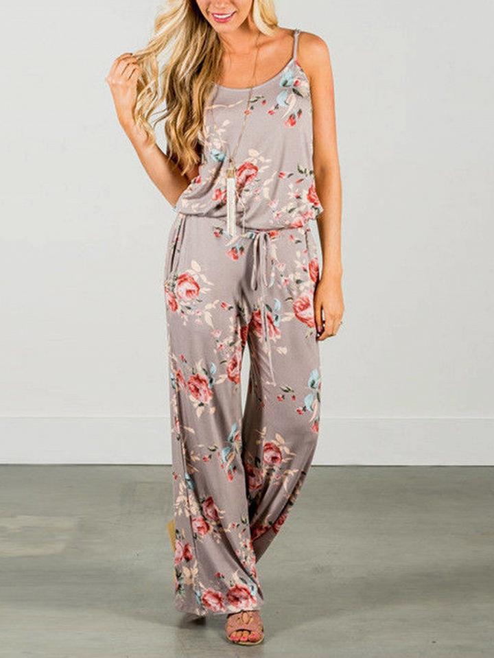 Choies Khaki Spaghetti Strap Floral Print Pocket Detail Romper Jumpsuit