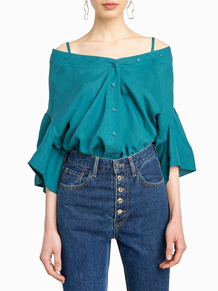 Choies Blue Off Shoulder Ruffle Sleeve Spaghetti Strap Shirt