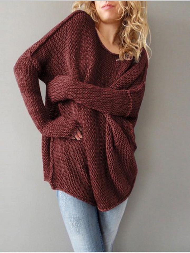 Choies Red Crew Neck Long Sleeve Women Knit Sweater