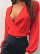 Choies Red V-neck Bow Tie Detail Open Back Long Sleeve Blouse