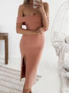 Choies Pink Off Shoulder Side Split Bodycon Midi Dress