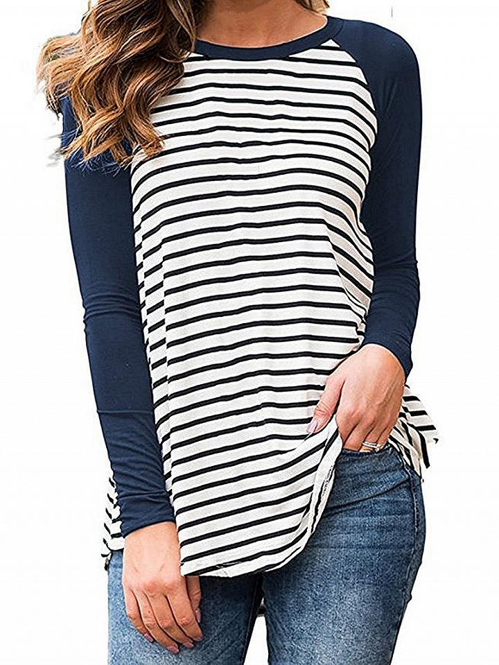Choies Dark Blue Contrast Stripe Long Sleeve T-shirt