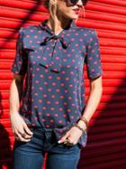 Choies Dark Blue Lip Print Bow Front Blouse