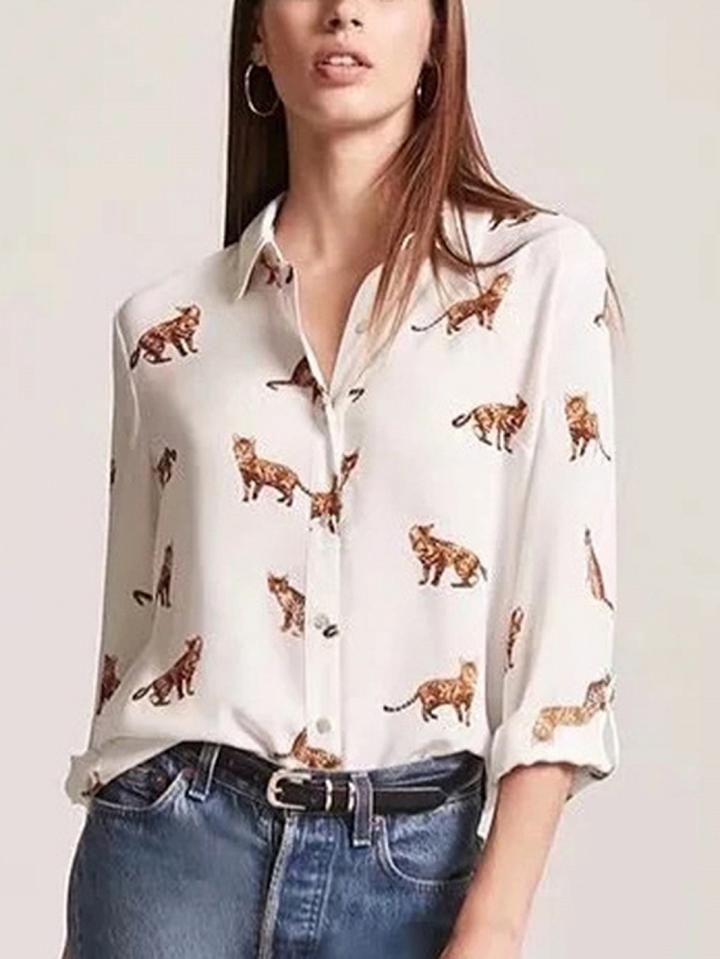 Choies White Cat Print Long Sleeve Shirt
