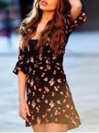 Choies Black Cotton Plunge Cherry Print Ruffle Trim Chic Women Mini Dress