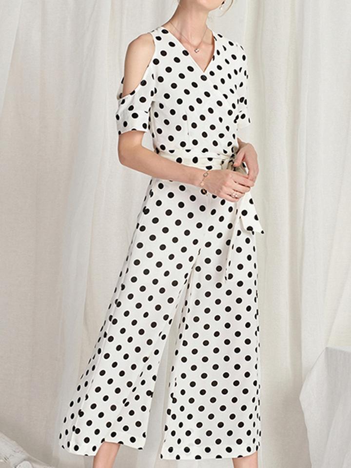 Choies White Chiffon V-neck Polka Dot Chic Women Blouse And Wide Leg Pants