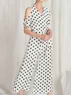 Choies White Chiffon V-neck Polka Dot Chic Women Blouse And Wide Leg Pants