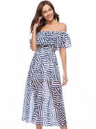 Choies Blue Off Shoulder Geo Pattern Midi Dress
