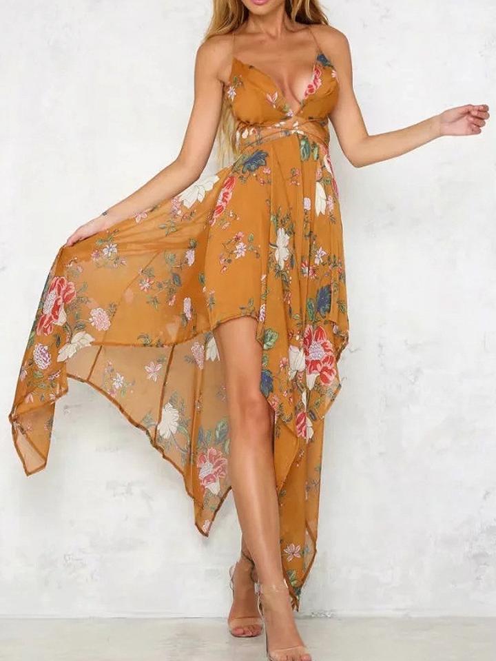 Choies Yellow V-neck Floral Strap Backless Asymmetric Maxi Beach Dress