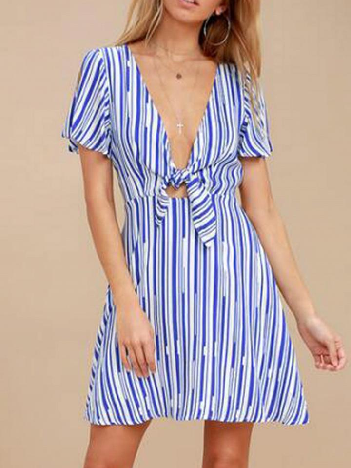 Choies Women's Blue Stripe Plunge V-neck Tie Front Mini Dress