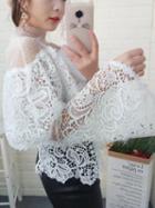 Choies White Cut Out Detail Mesh Panel Flare Sleeve Lace Blouse