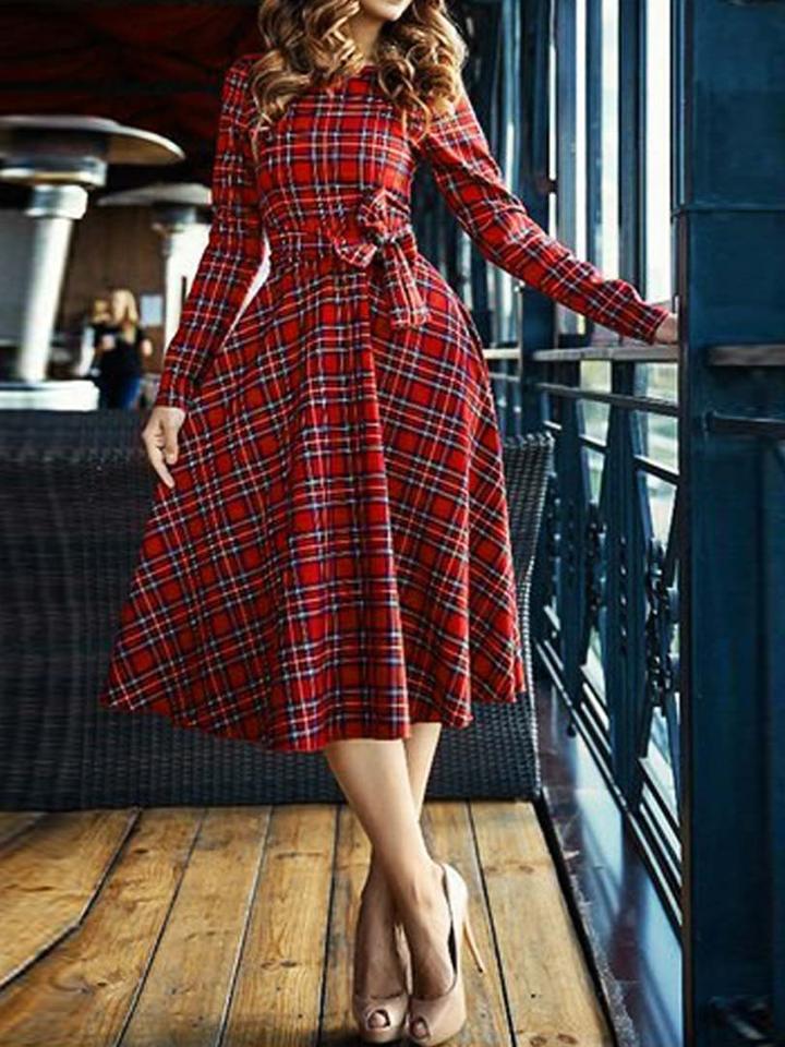 Choies Red Plaid Tie Waist Long Sleeve Skater Dress