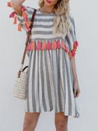 Choies Gray Stripe Crew Neck Tassel Detail Dress