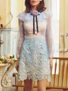 Choies Blue Cape Detail Sheer Sleeve Rose Embellished Lace Dress