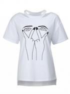 Choies White Chocker Neck Printed Half Sleeve Stepped Hem T-shirt