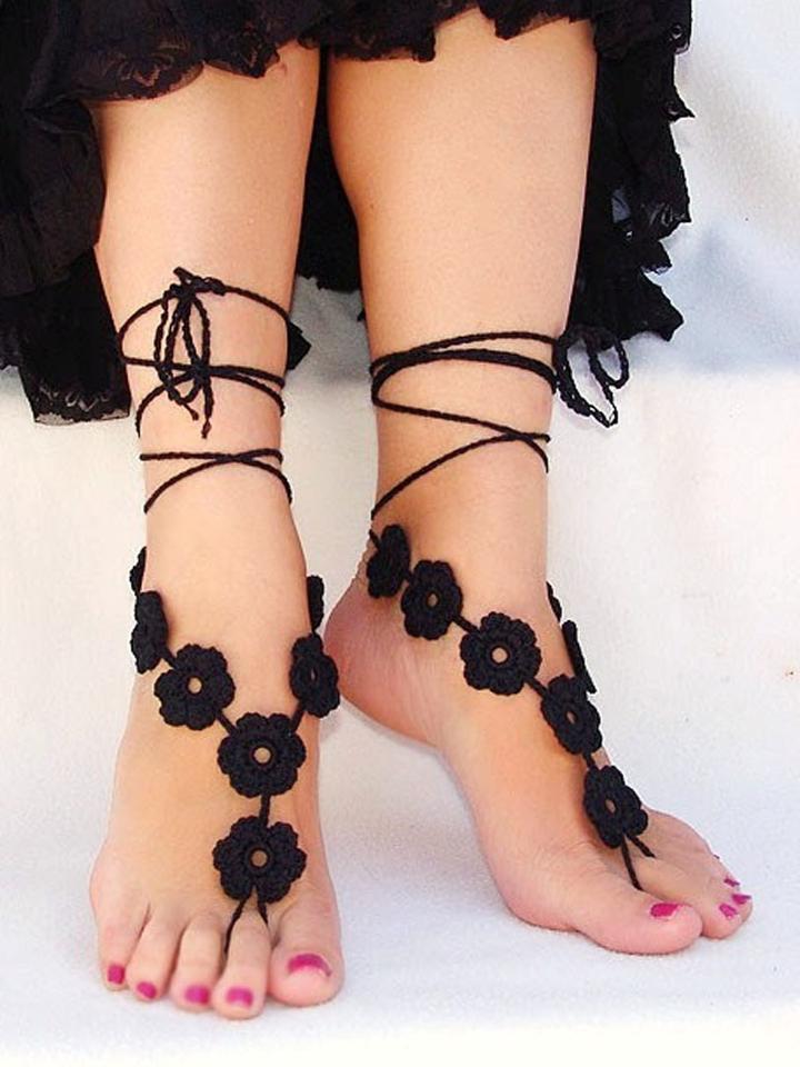 Choies Black Floral Crochet Toe Ring Barefoot Sandals
