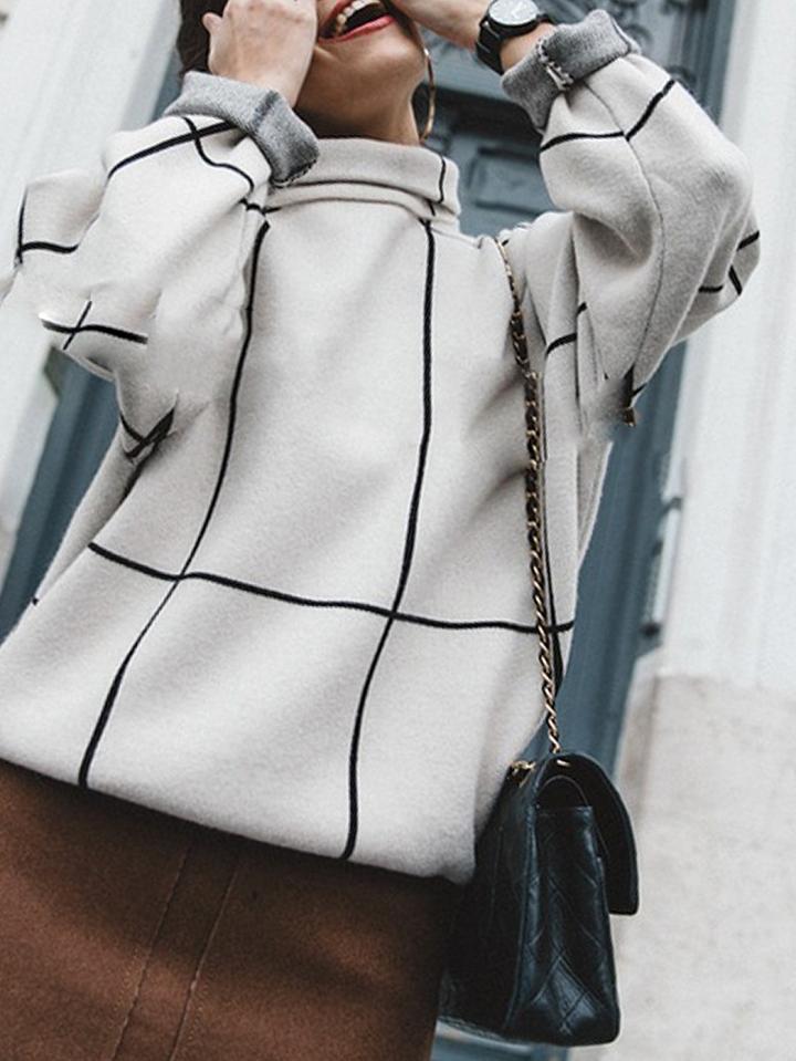 Choies White Plaid High Neck Long Sleeve Chic Women Knit Sweater