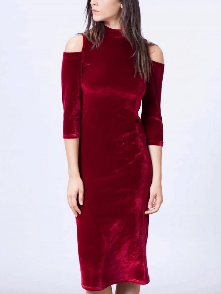 Choies Burgundy Velvet Cold Shoulder Dress