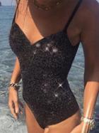 Choies Black V-neck Lace Up Back Chic Women Sparkling Swimsuit