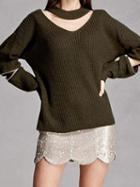 Choies Dark Green V-neck Cut Out Detail Long Sleeve Chic Women Knit Sweater