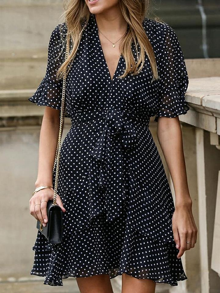 Choies Black Cotton V-neck Polka Dot Tie Waist Chic Women Mini Dress