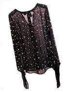 Choies Black Pearl Embellished Tie Back Long Sleeve Blouse