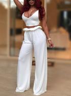 Choies White V-neck Bow Back Crop Top And High Waist Ruffle Trim Pants