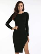 Choies Black Stud Detail Long Sleeve Side Split Knitted Bodycon Dress