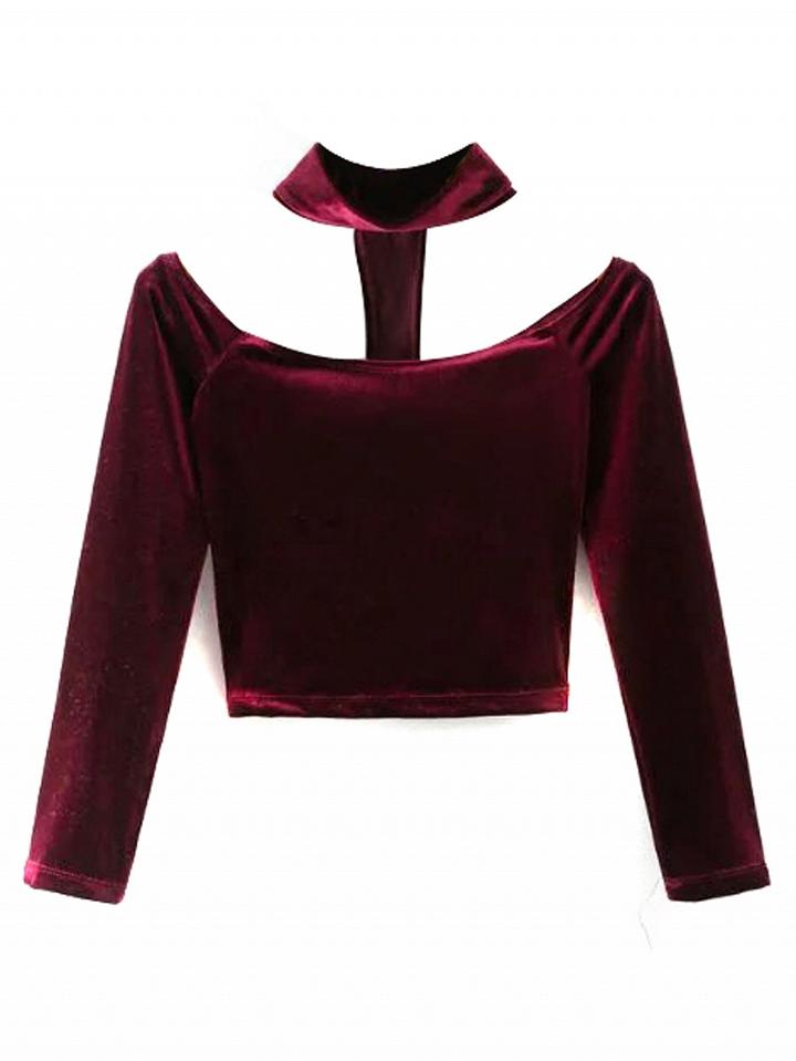 Choies Burgundy Velvet Choker Neck Off Shoulder Long Sleeve T-shirt