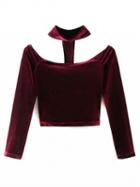 Choies Burgundy Velvet Choker Neck Off Shoulder Long Sleeve T-shirt