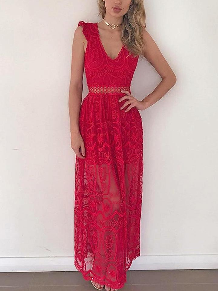 Choies Red Plunge Sheer Lace Frill Open Back Sleeveless Maxi Dress