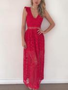 Choies Red Plunge Sheer Lace Frill Open Back Sleeveless Maxi Dress