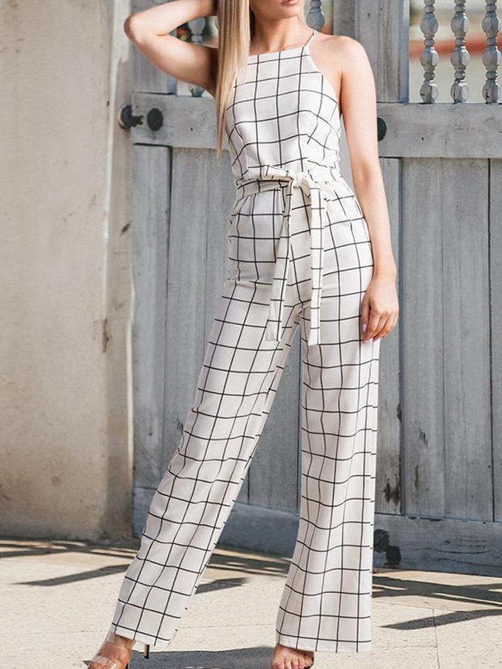 Choies White Plaid Spaghetti Strap Tie Waist Open Back Chic Women Jumpsuit