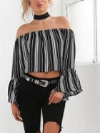 Choies Black Stripe Off Shoulder Flare Sleeve Blouse