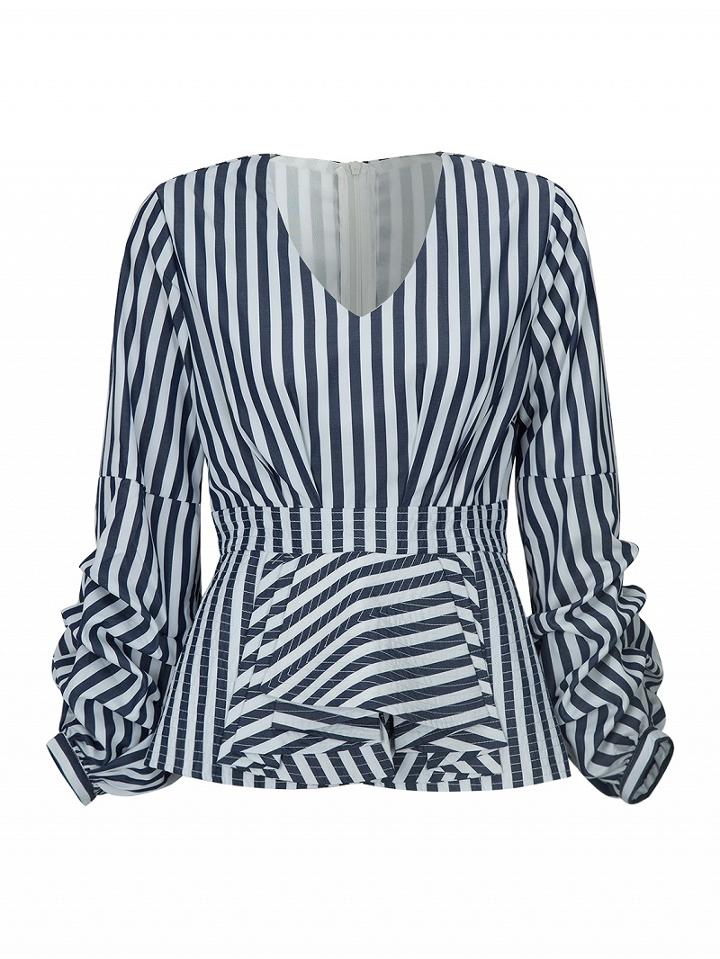 Choies Monochrome Stripe V-neck Puffed Sleeve Ruffle Detail Blouse