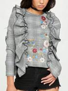 Choies Gray Houndstooth Frill Trim Floral Embroidery Blouse