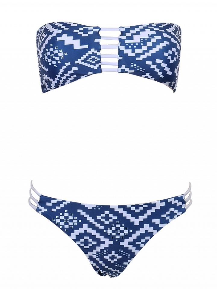 Choies Blue Geo Print Lattice Detail Bandeau Bikini Top And Bottom