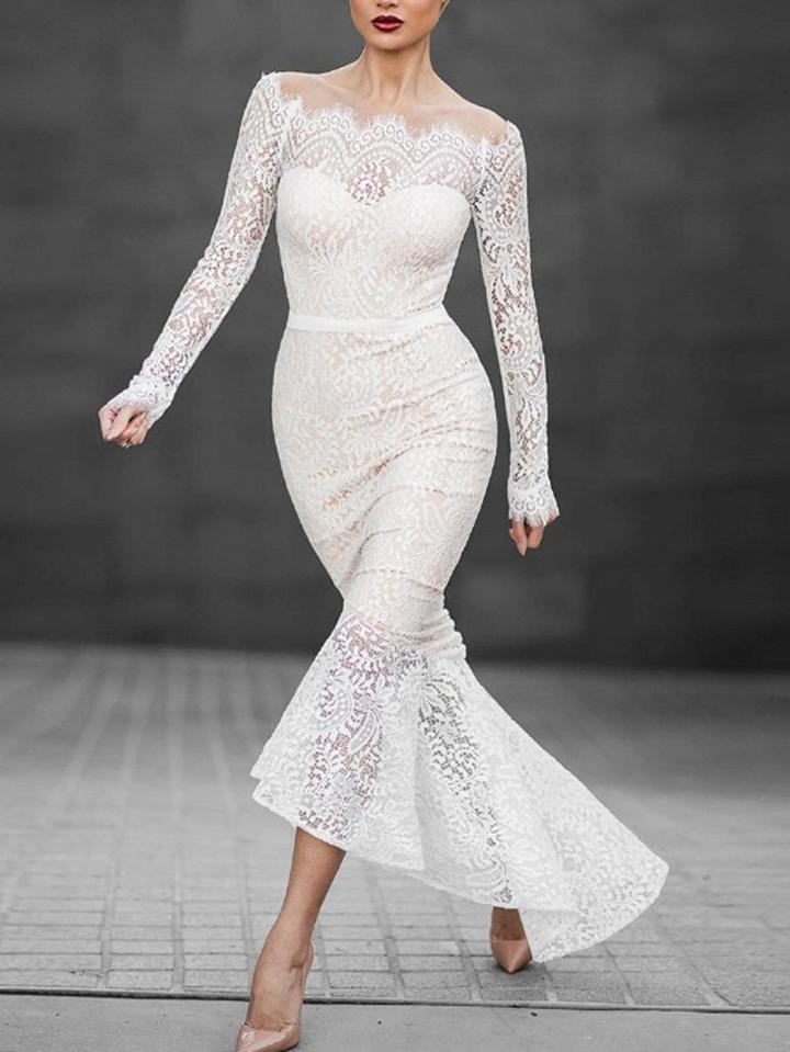 Choies White Off Shoulder Long Sleeve Lace Dress