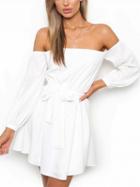 Choies White Off Shoulder Tie Waist Long Sleeve Mini Dress