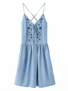 Choies Blue V-neck Embroidery Lace Up Front Stretch Back Denim Dress
