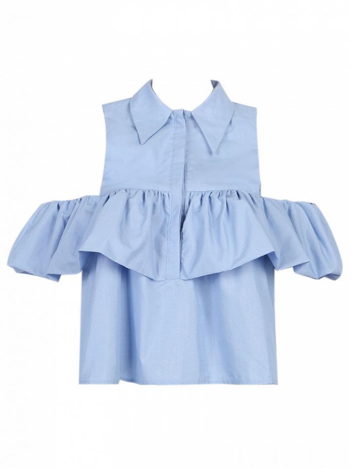 Choies Light Blue Cold Shoulder Ruffle Detail Shirt