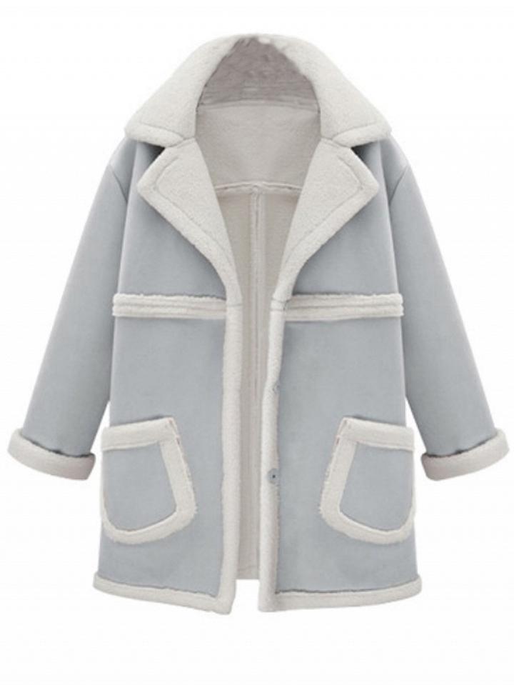 Choies Blue Lapel Pocket Faux Shearling Jacket
